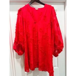 JODIFL Red Textured Fringed V Neck Balloon Sleeve Tunic Top M